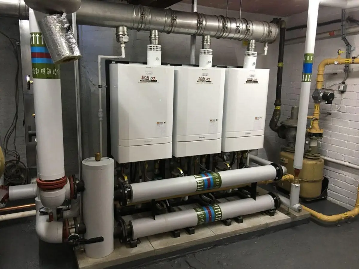 Commercial Ideal boiler cascade with insulated heating pipework