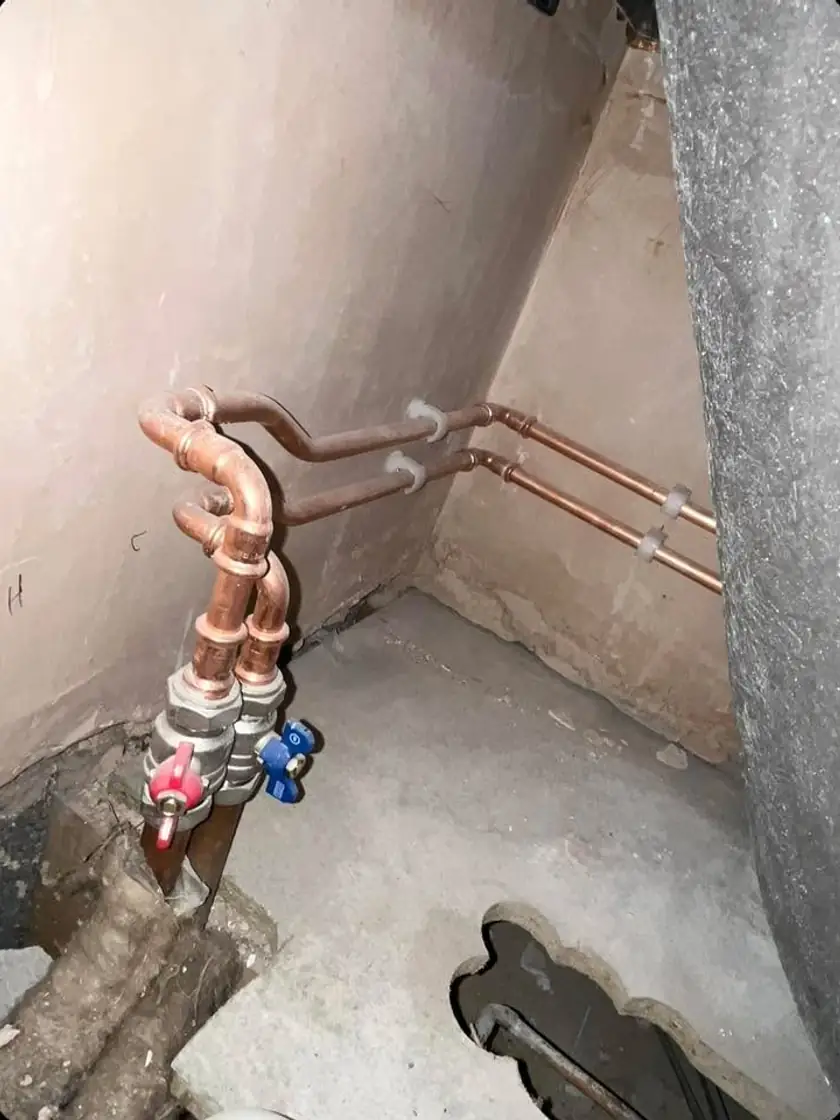 Copper pipework with hot and cold isolation valves on a job